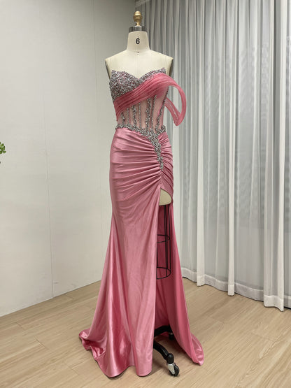 Rose Pink Beaded Corset Evening Gown with High Slit MB40459