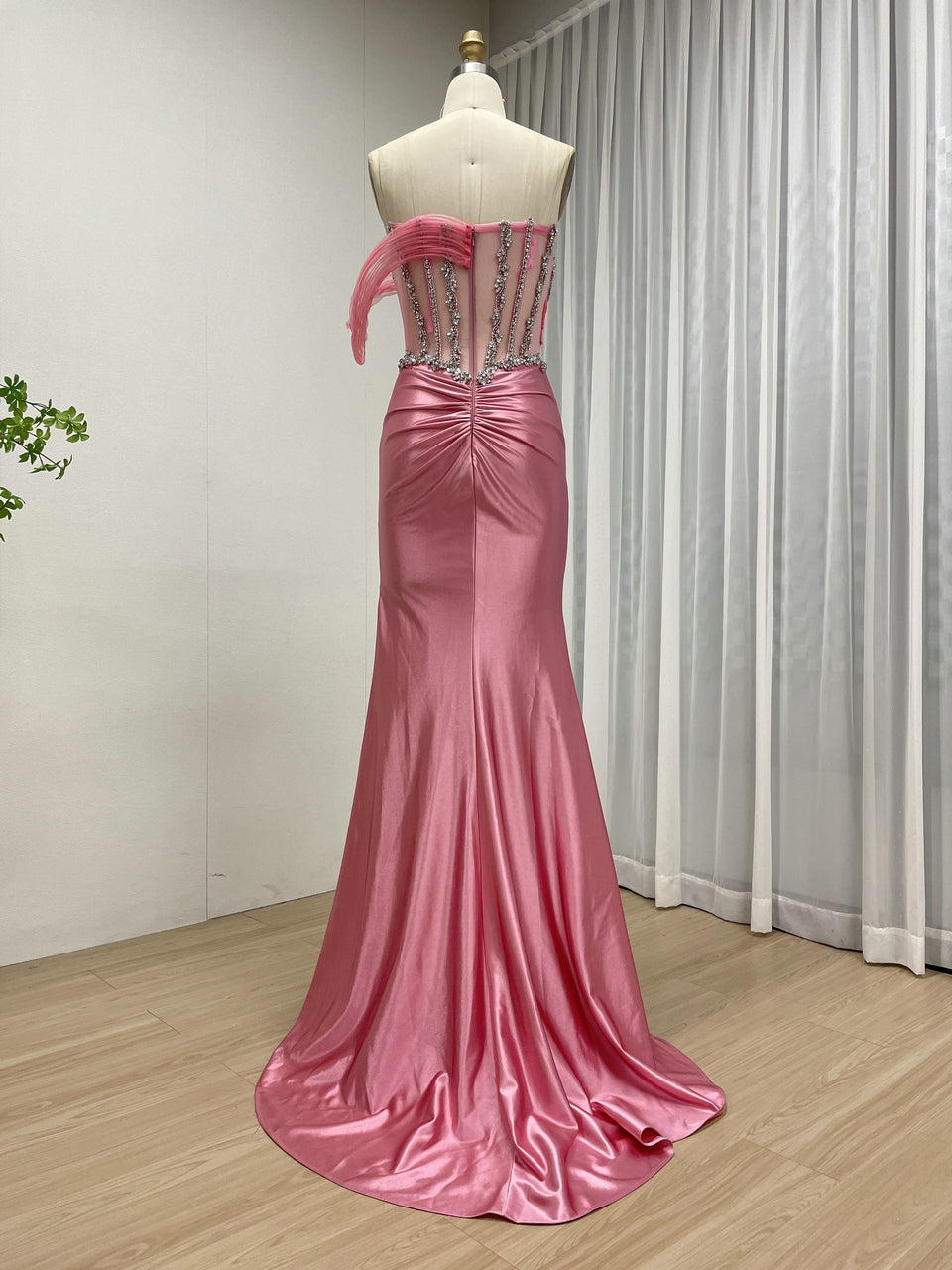 Rose Pink Beaded Corset Evening Gown with High Slit MB40459