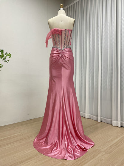 Rose Pink Beaded Corset Evening Gown with High Slit MB40459
