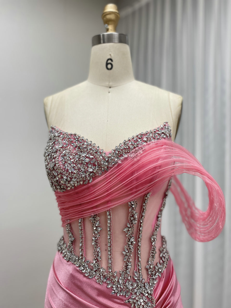 Rose Pink Beaded Corset Evening Gown with High Slit MB40459