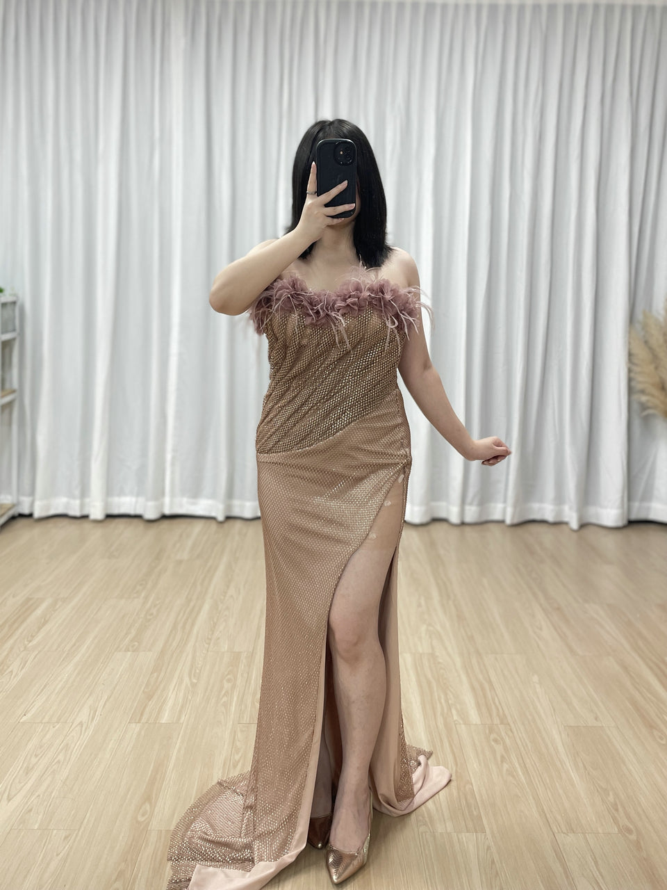 Pink Luxury Feather Trim Maxi Dress - Strapless Handmade Beading Gala Gown MB40460