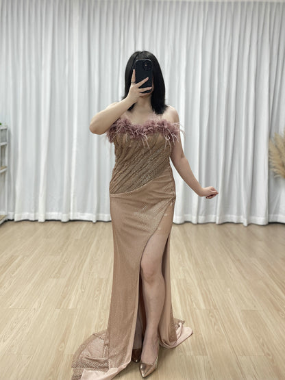 Pink Luxury Feather Trim Maxi Dress - Strapless Handmade Beading Gala Gown MB40460