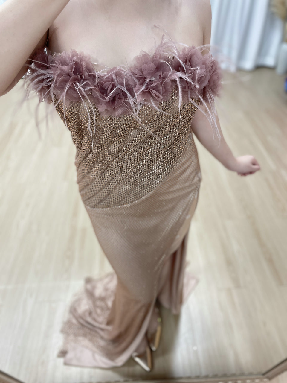 Pink Luxury Feather Trim Maxi Dress - Strapless Handmade Beading Gala Gown MB40460