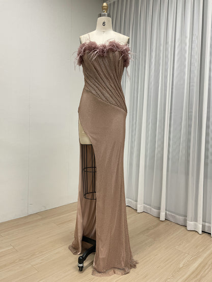 Pink Luxury Feather Trim Maxi Dress - Strapless Handmade Beading Gala Gown MB40460