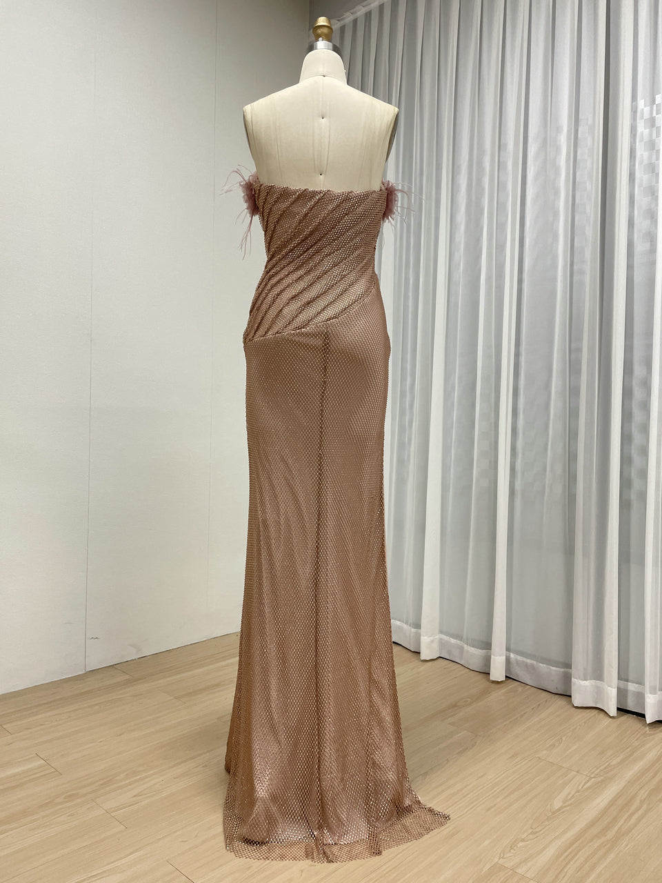 Pink Luxury Feather Trim Maxi Dress - Strapless Handmade Beading Gala Gown MB40460