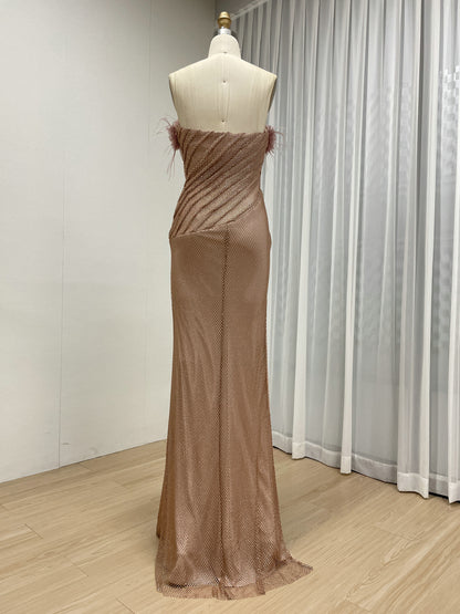 Pink Luxury Feather Trim Maxi Dress - Strapless Handmade Beading Gala Gown MB40460