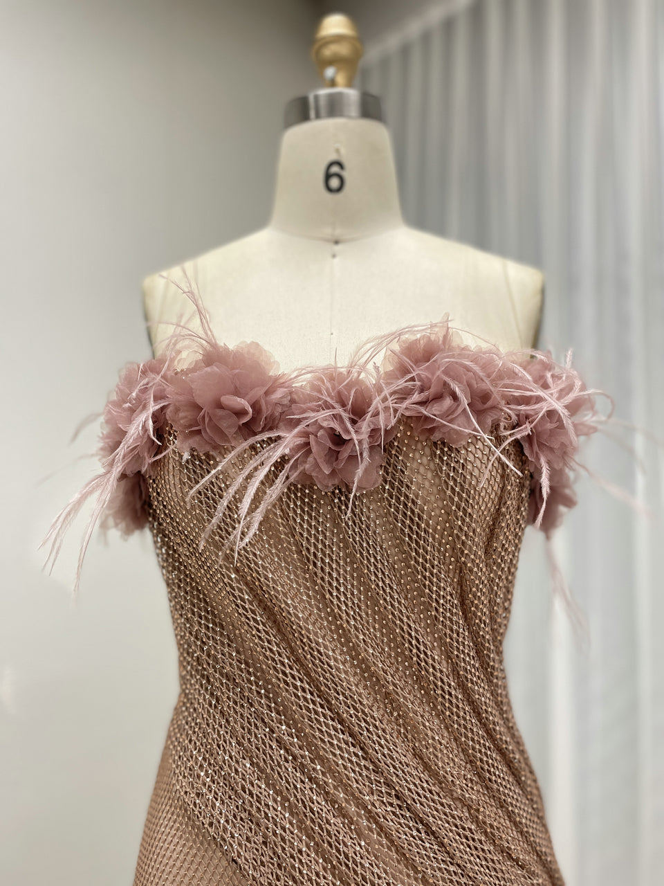 Pink Luxury Feather Trim Maxi Dress - Strapless Handmade Beading Gala Gown MB40460