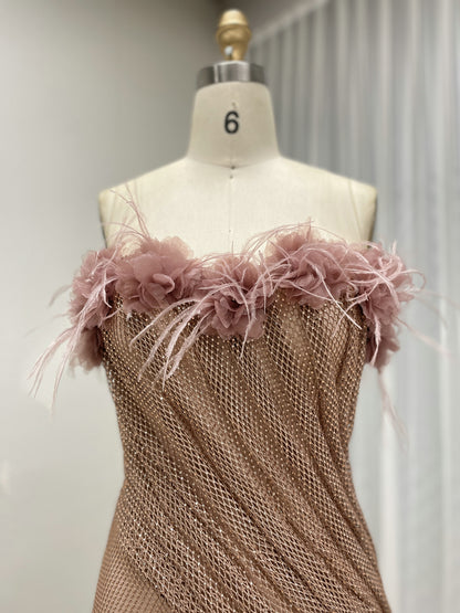 Pink Luxury Feather Trim Maxi Dress - Strapless Handmade Beading Gala Gown MB40460
