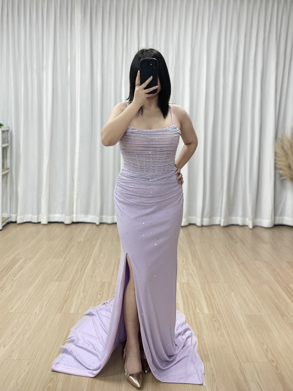 Lavender Purple Ruched Sequin Prom Dress with Thigh-High Slit MB40461