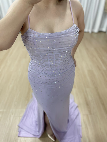 Lavender Purple Ruched Sequin Prom Dress with Thigh-High Slit MB40461