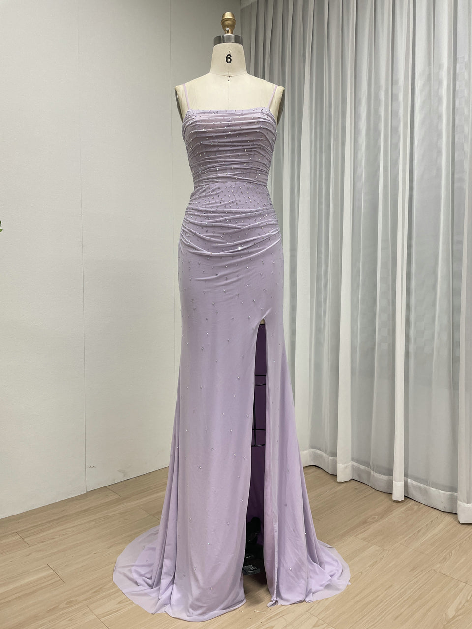 Lavender Purple Ruched Sequin Prom Dress with Thigh-High Slit MB40461