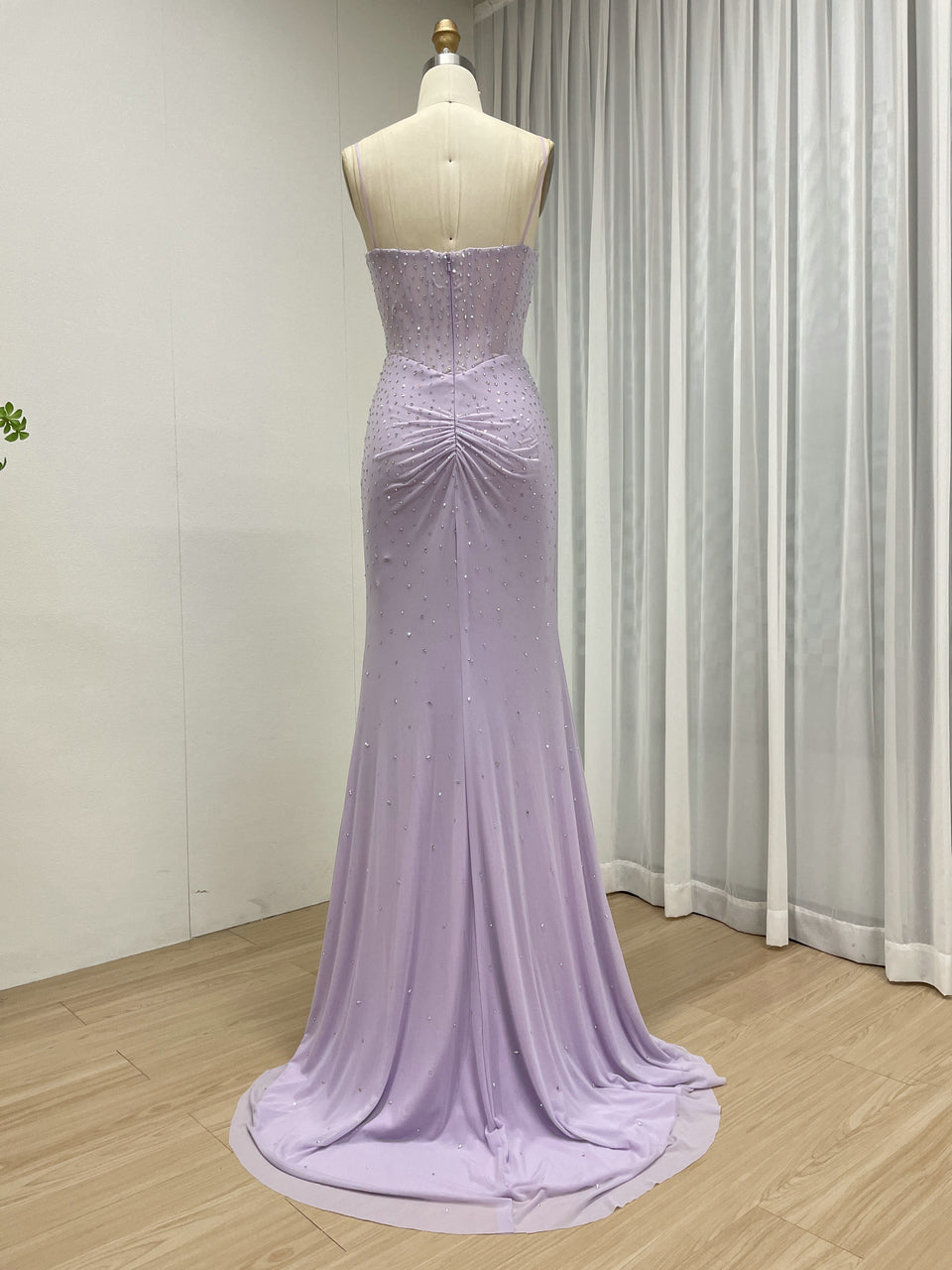 Lavender Purple Ruched Sequin Prom Dress with Thigh-High Slit MB40461