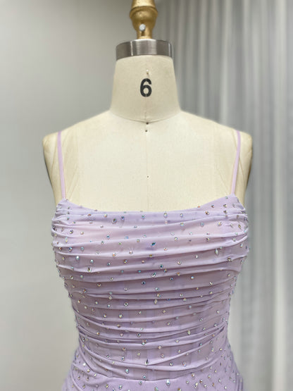 Lavender Purple Ruched Sequin Prom Dress with Thigh-High Slit MB40461