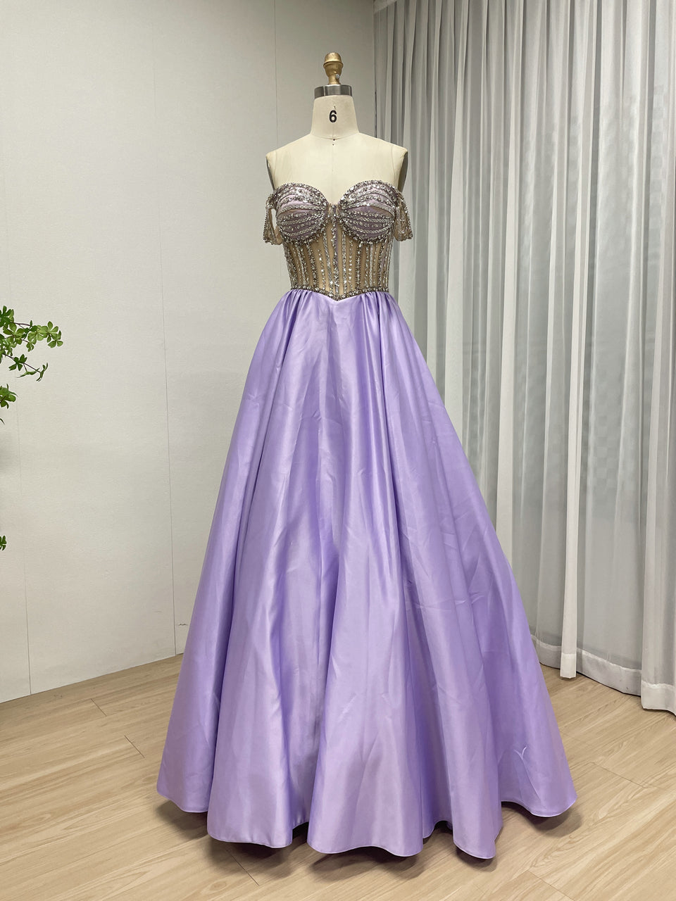 Lavender Satin Ball Gown with Beaded Seashell Corset Bodice MB40462