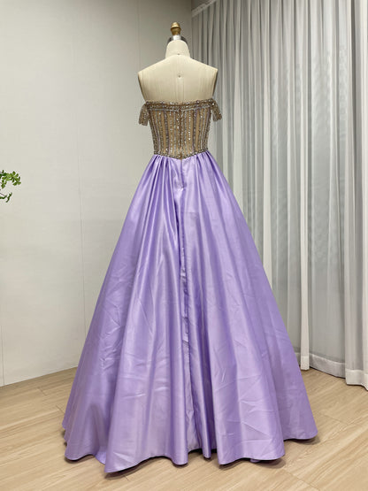 Lavender Satin Ball Gown with Beaded Seashell Corset Bodice MB40462