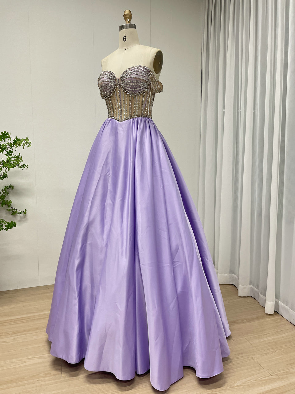 Lavender Satin Ball Gown with Beaded Seashell Corset Bodice MB40462