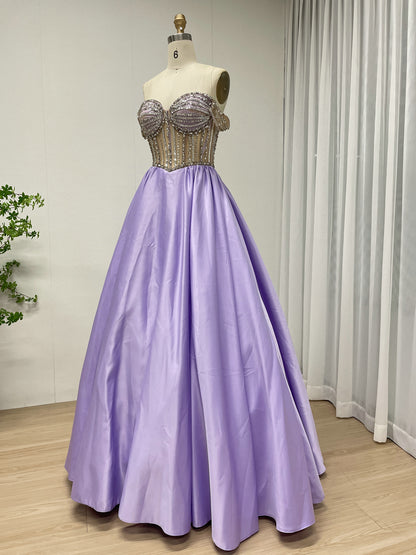 Lavender Satin Ball Gown with Beaded Seashell Corset Bodice MB40462