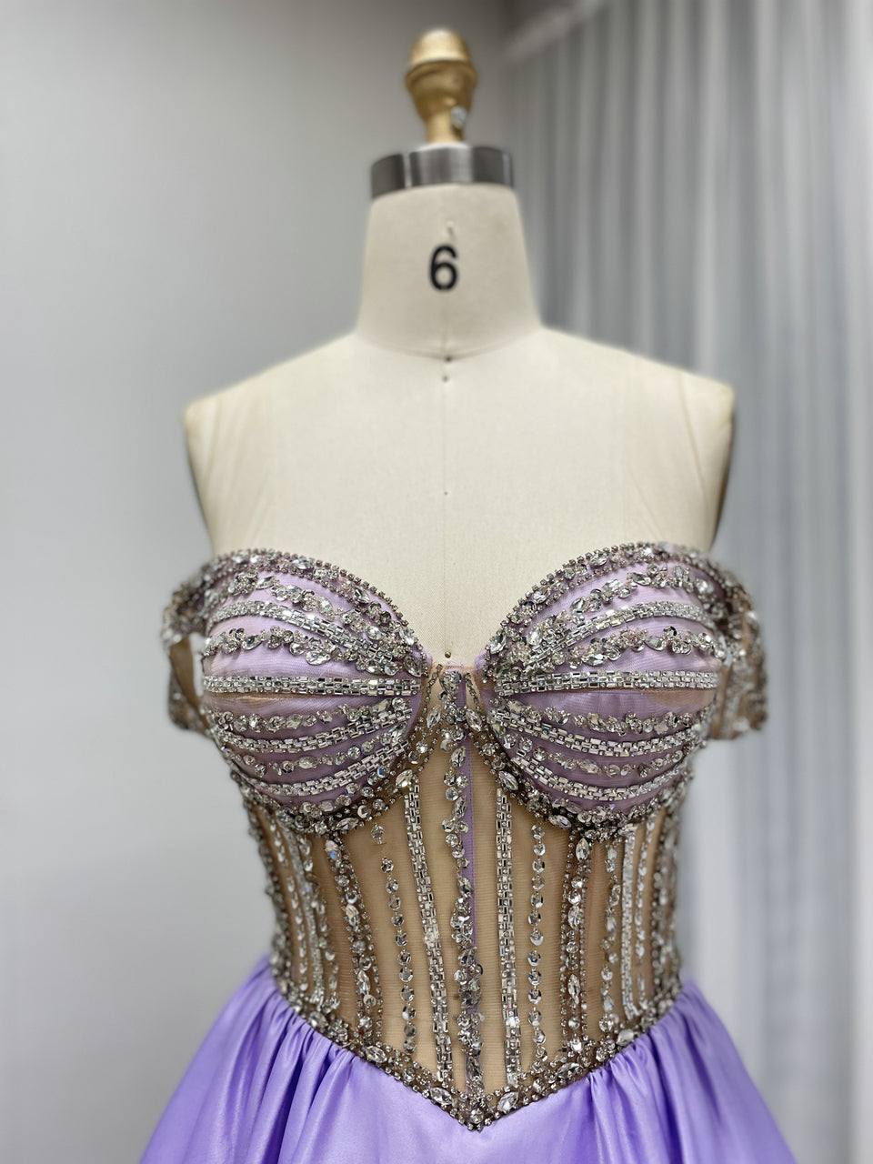 Lavender Satin Ball Gown with Beaded Seashell Corset Bodice MB40462