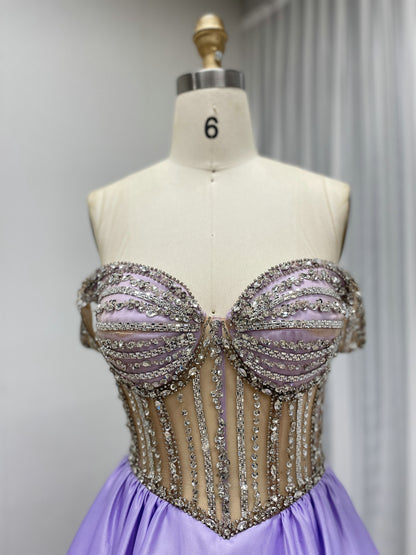 Lavender Satin Ball Gown with Beaded Seashell Corset Bodice MB40462