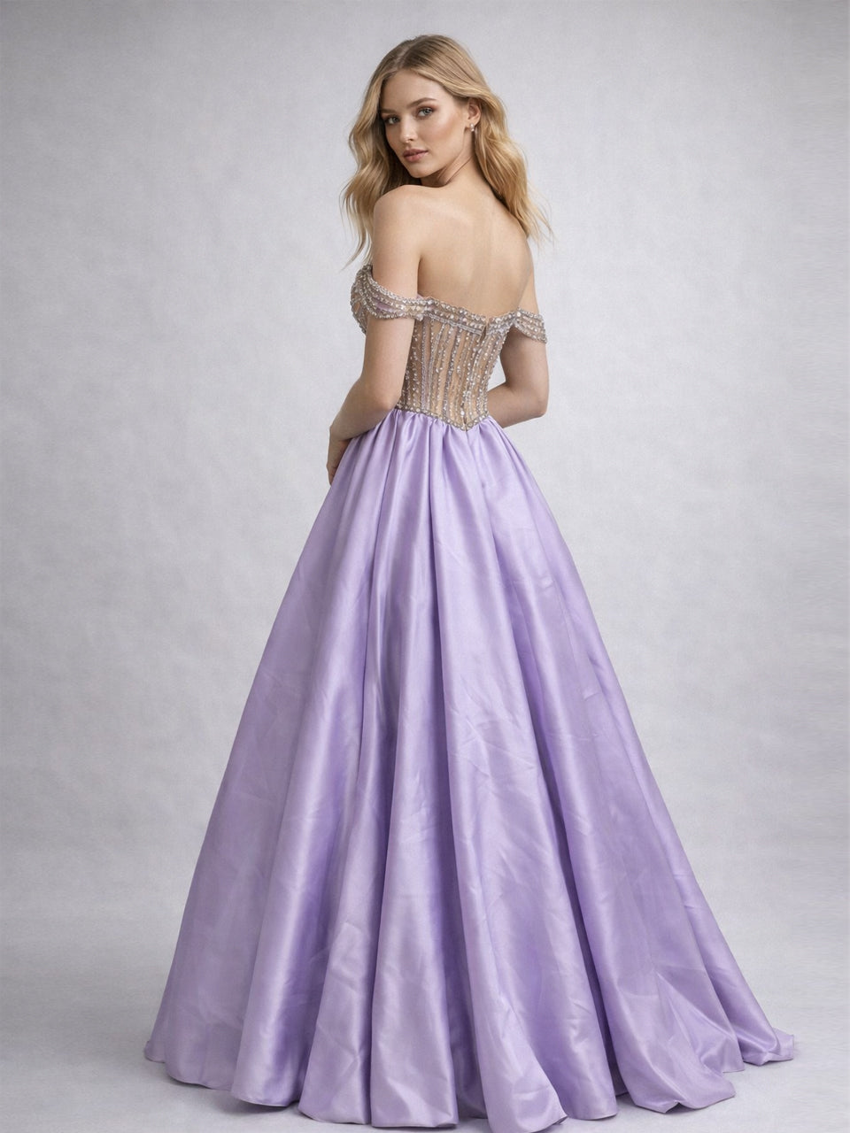 Lavender Satin Ball Gown with Beaded Seashell Corset Bodice MB40462