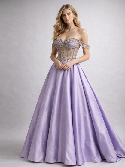 Lavender Satin Ball Gown with Beaded Seashell Corset Bodice MB40462