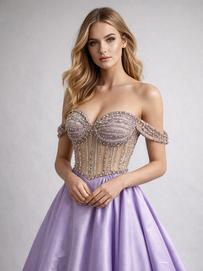 Lavender Satin Ball Gown with Beaded Seashell Corset Bodice MB40462