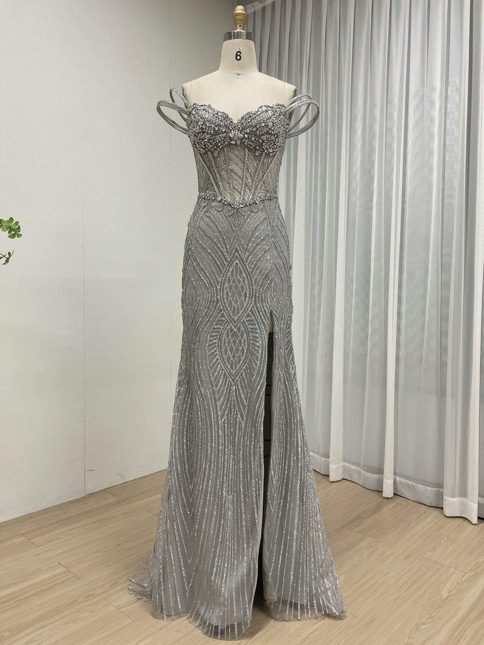 Shimmering Grey Corset Evening Gown with High Slit MB40463