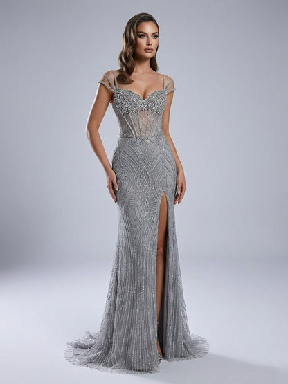 Shimmering Grey Corset Evening Gown with High Slit MB40463