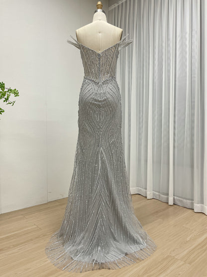 Shimmering Grey Corset Evening Gown with High Slit MB40463