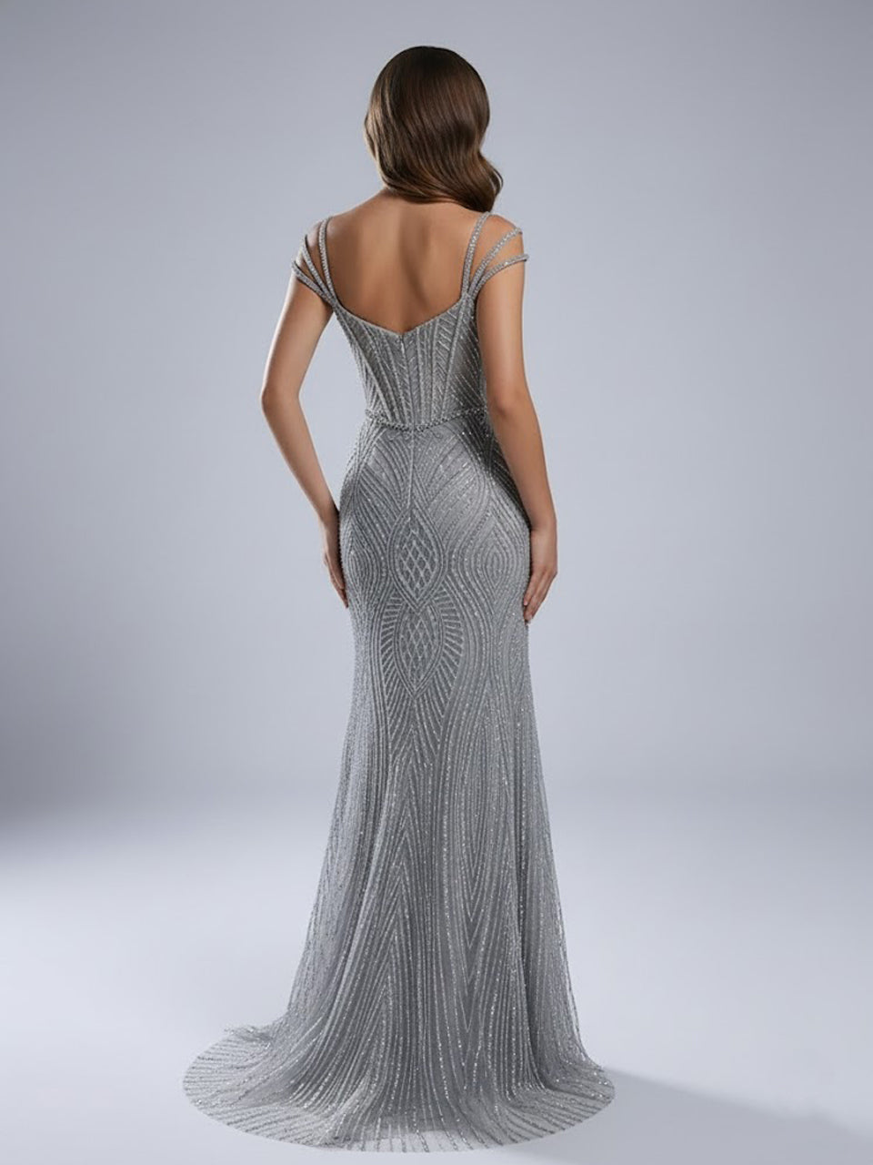 Shimmering Grey Corset Evening Gown with High Slit MB40463