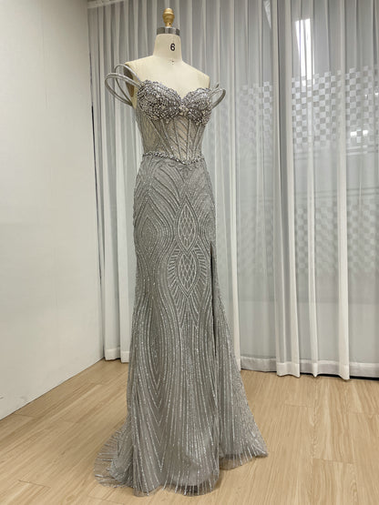 Shimmering Grey Corset Evening Gown with High Slit MB40463
