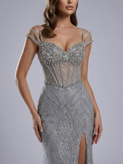 Shimmering Grey Corset Evening Gown with High Slit MB40463