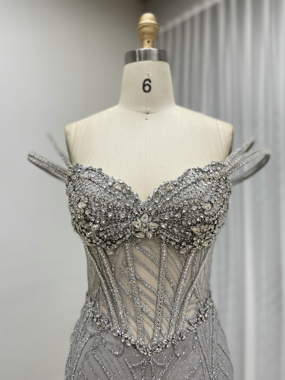 Shimmering Grey Corset Evening Gown with High Slit MB40463