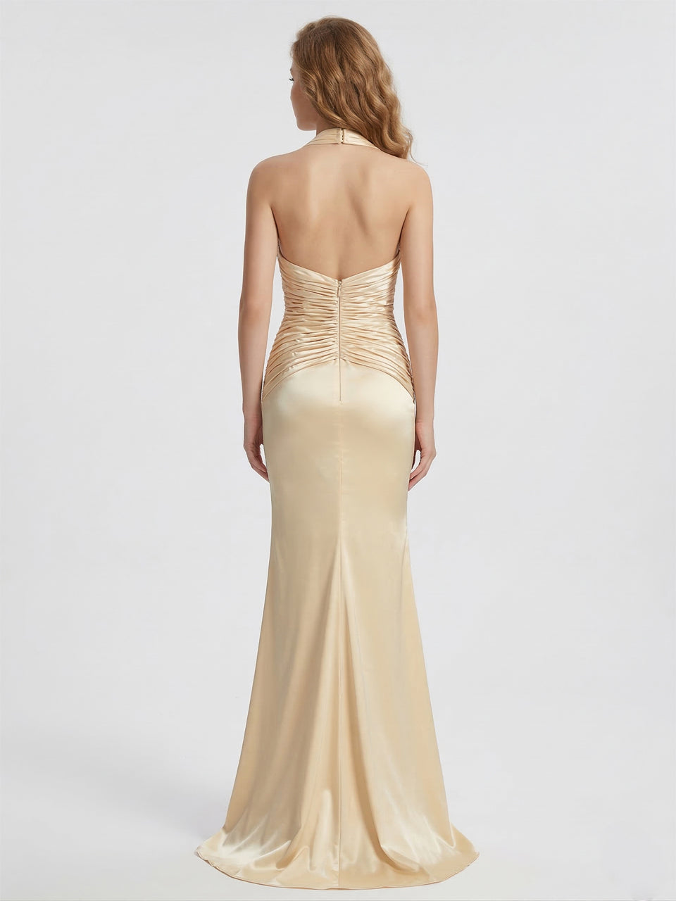 Pale Yellow Halter Neck Ruched Satin Evening Gown MB40464