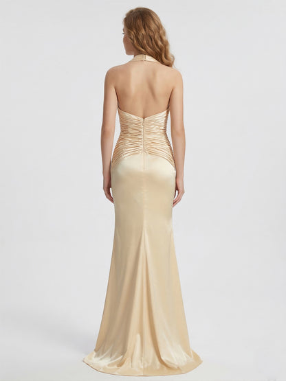 Pale Yellow Halter Neck Ruched Satin Evening Gown MB40464