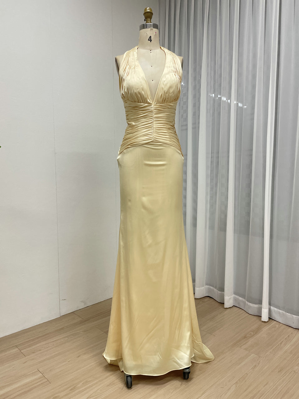 Pale Yellow Halter Neck Ruched Satin Evening Gown MB40464