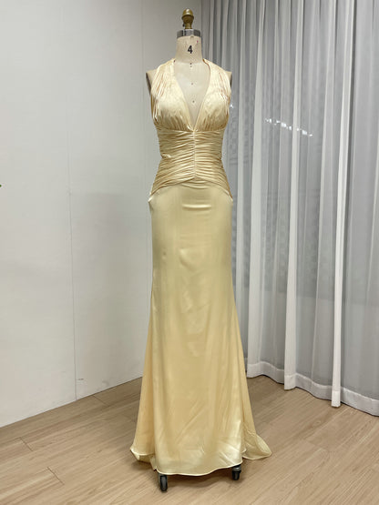 Pale Yellow Halter Neck Ruched Satin Evening Gown MB40464