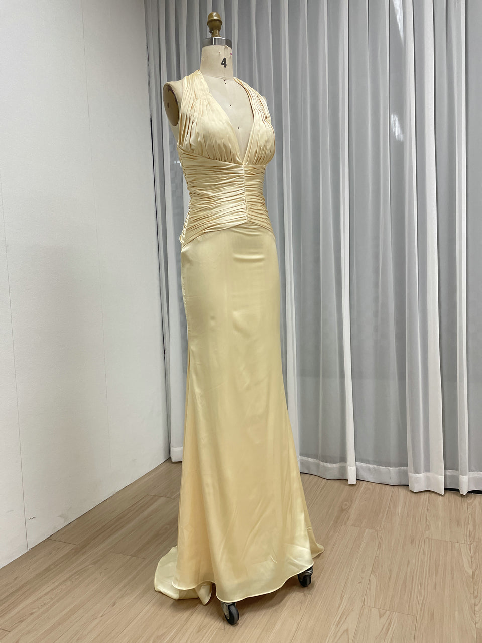 Pale Yellow Halter Neck Ruched Satin Evening Gown MB40464