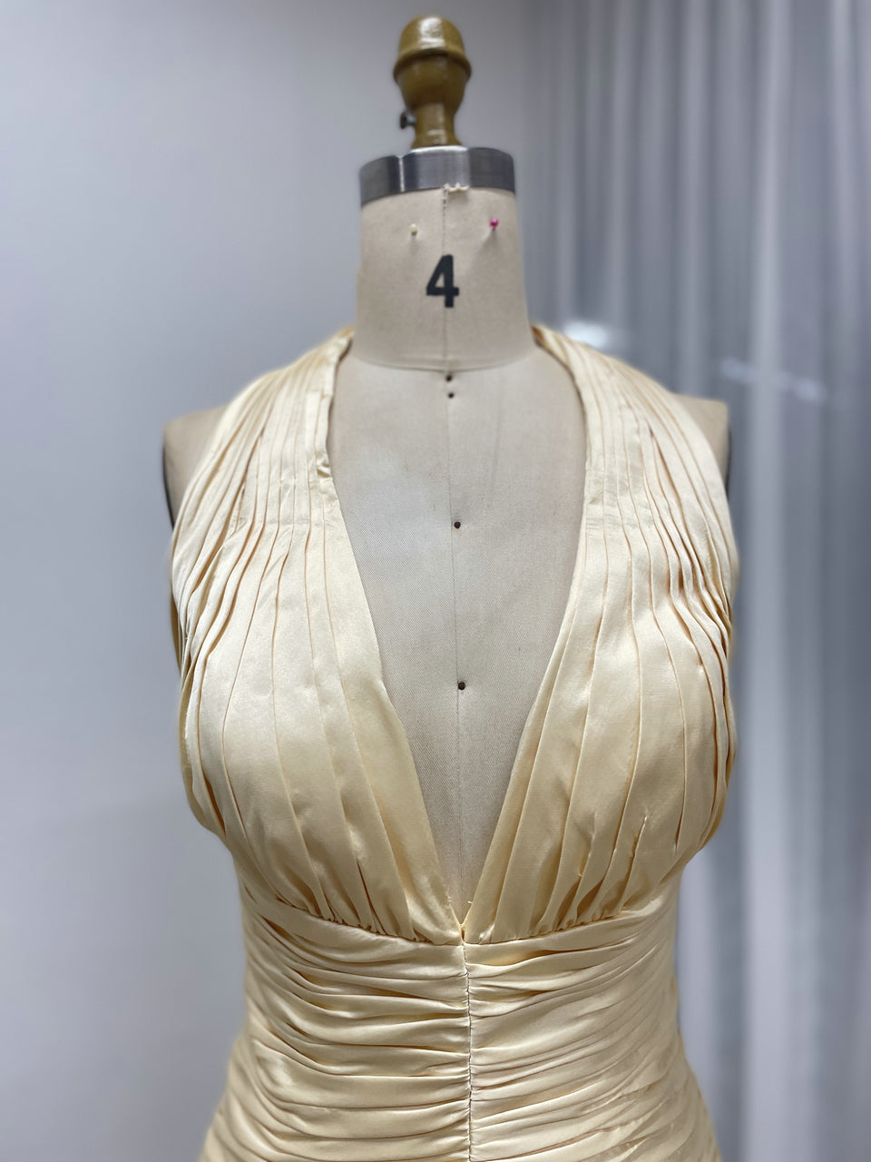 Pale Yellow Halter Neck Ruched Satin Evening Gown MB40464