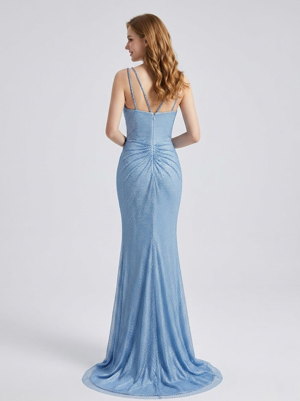 Blue Beaded Mermaid Prom Dress with Criss-Cross Straps MB40466