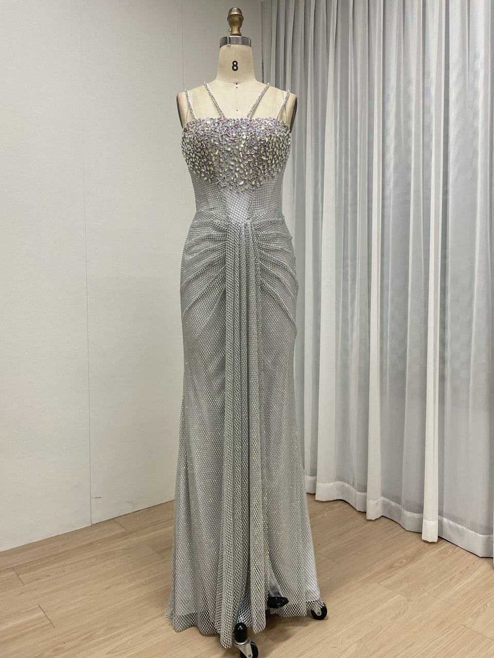 Blue Beaded Mermaid Prom Dress with Criss-Cross Straps MB40466