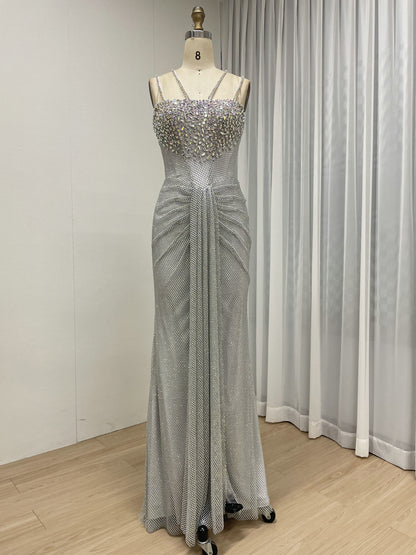 Blue Beaded Mermaid Prom Dress with Criss-Cross Straps MB40466