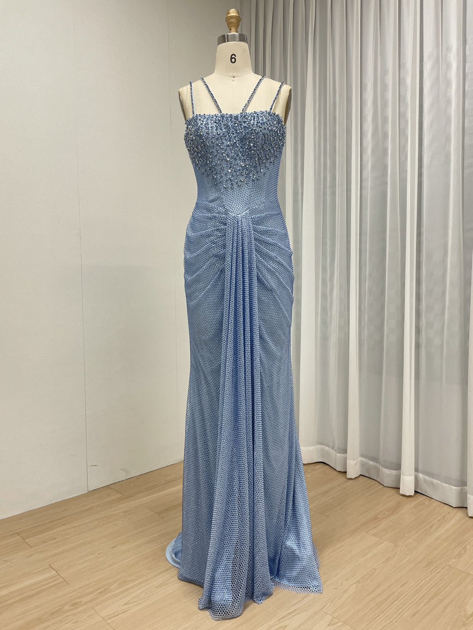 Blue Beaded Mermaid Prom Dress with Criss-Cross Straps MB40466