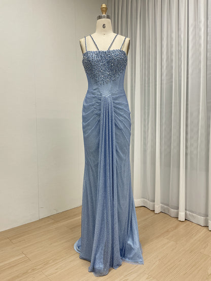 Blue Beaded Mermaid Prom Dress with Criss-Cross Straps MB40466