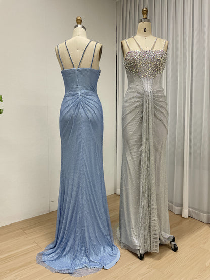 Blue Beaded Mermaid Prom Dress with Criss-Cross Straps MB40466