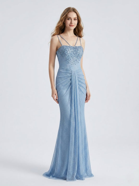 Blue Beaded Mermaid Prom Dress with Criss-Cross Straps MB40466
