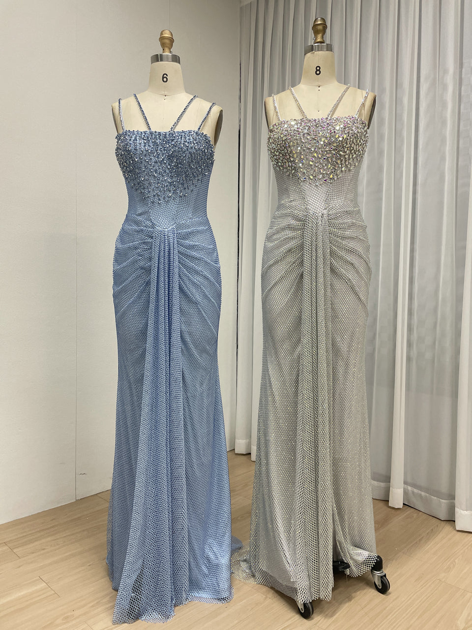 Blue Beaded Mermaid Prom Dress with Criss-Cross Straps MB40466