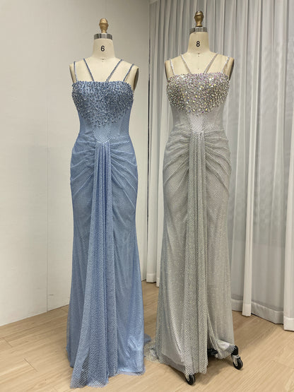 Blue Beaded Mermaid Prom Dress with Criss-Cross Straps MB40466