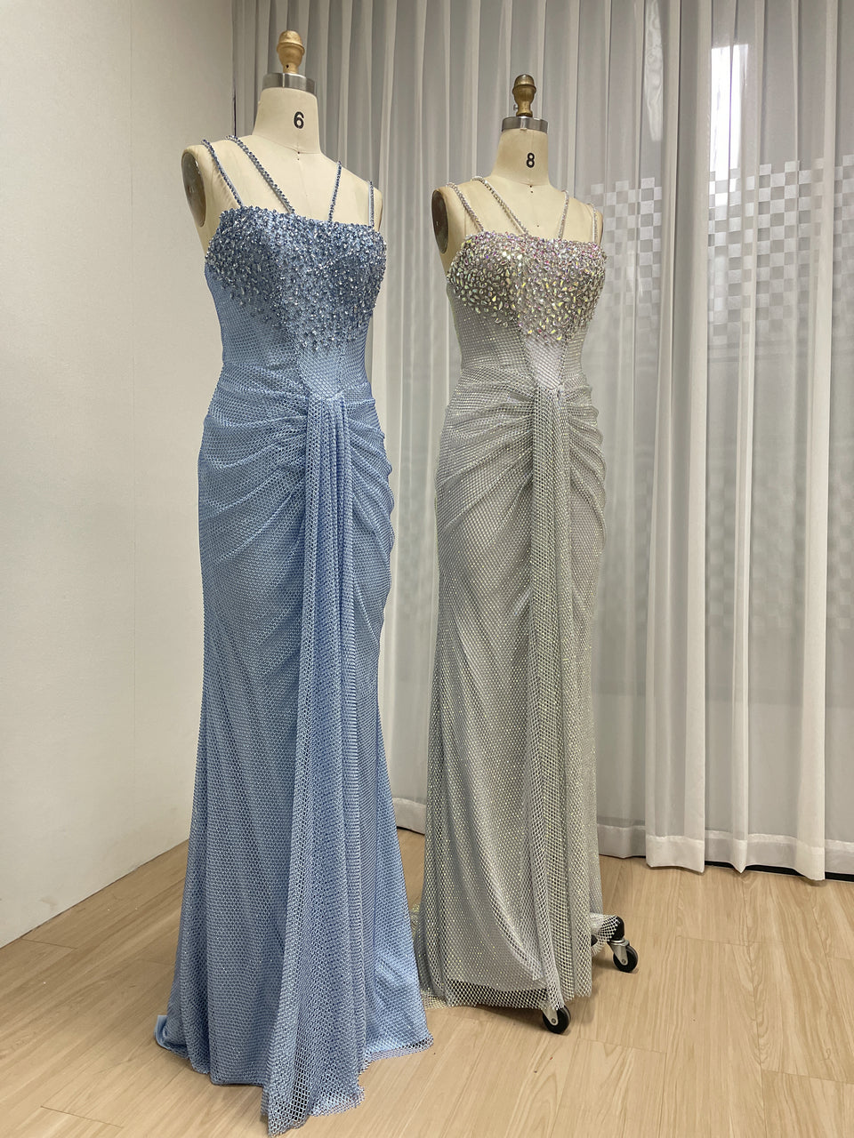 Blue Beaded Mermaid Prom Dress with Criss-Cross Straps MB40466