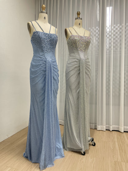 Blue Beaded Mermaid Prom Dress with Criss-Cross Straps MB40466